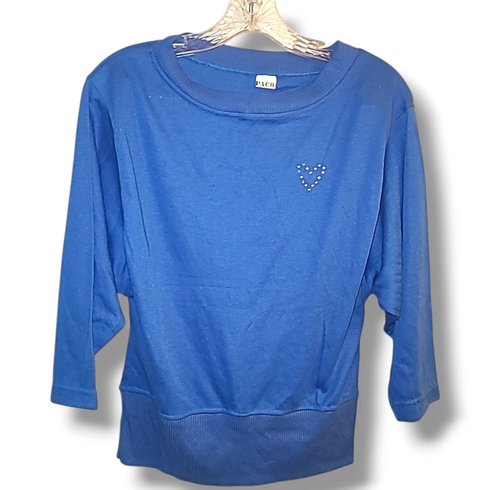 Vintage 90s PACO Sweater Women's Large Blue Rhinestone Heart Pullover NOS